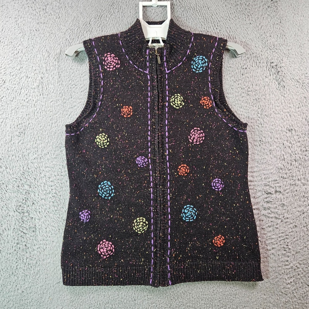 Coldwater Creek Sweater Vest Women Small Colorful Floral Knit Black - S